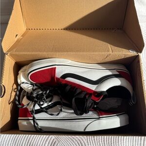 Red and White Sneakers with Black Accents